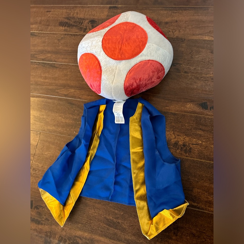 Toad (super mario bros) mushroom hat and vest.